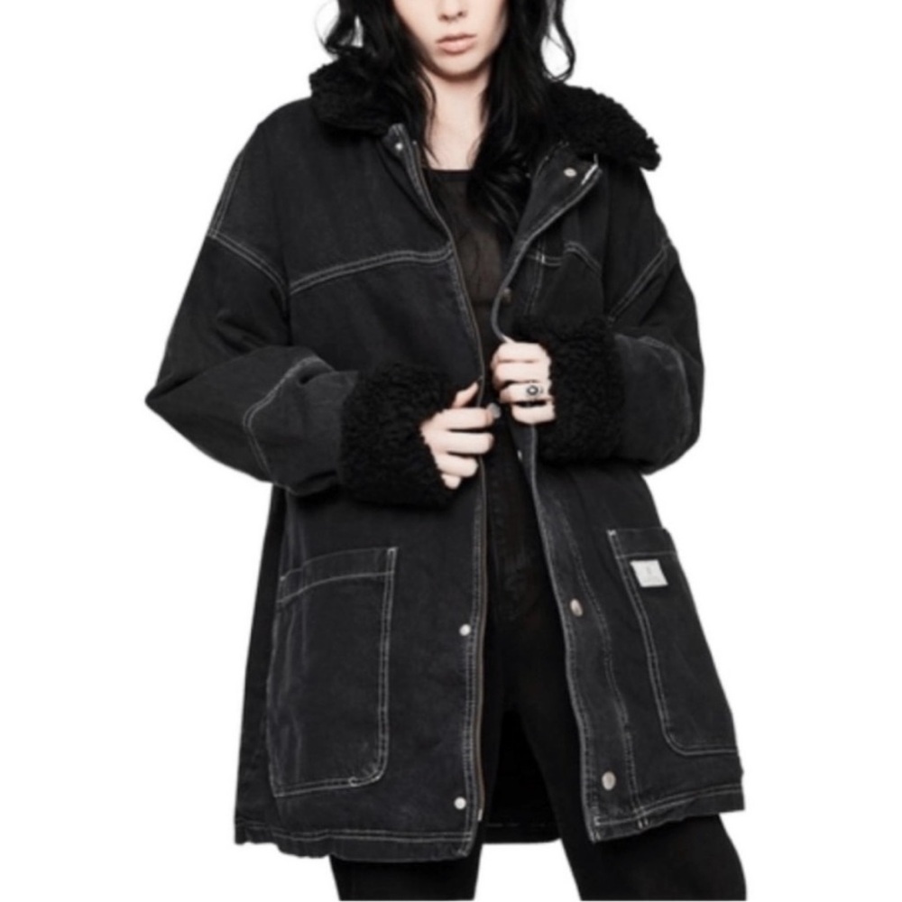 UO BDG Black Denim Sherpa Lined Oversized Chore Coat Size XS Grunge Punk Goth